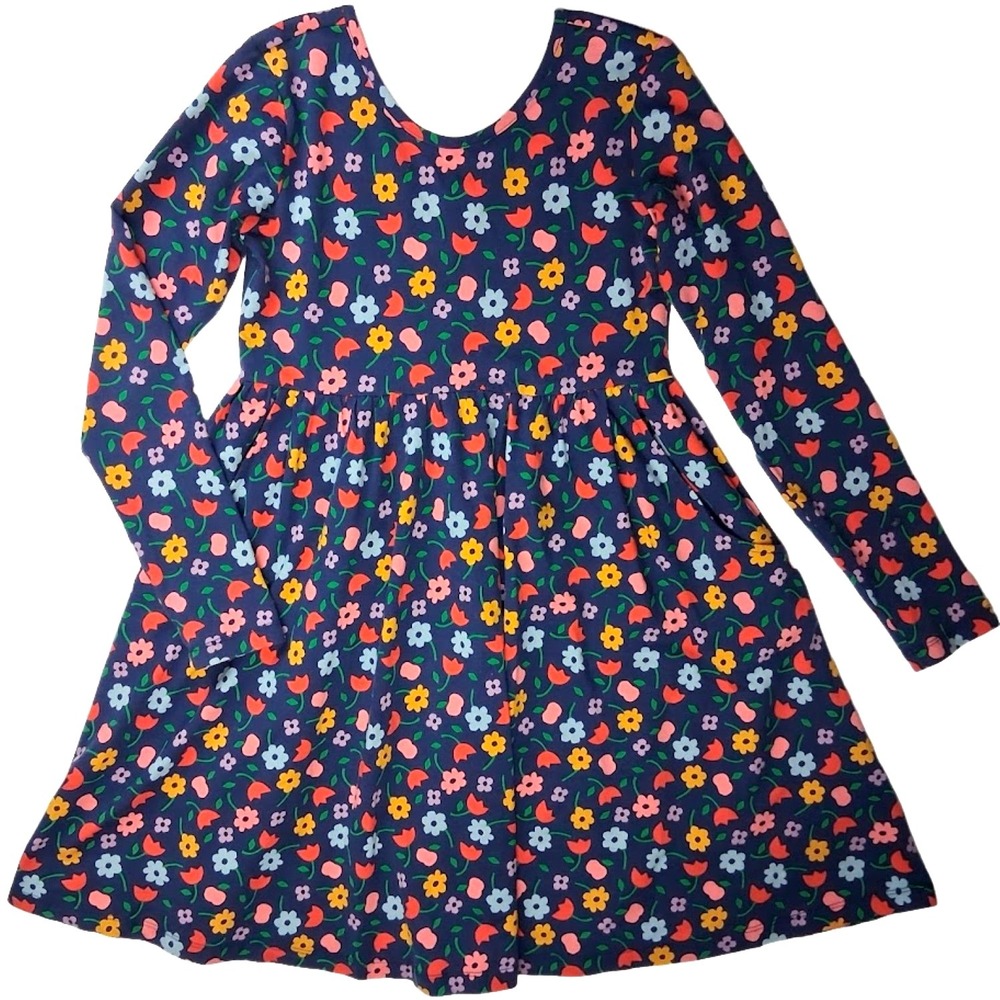 Hanna Andersson Girls Sz 10 Long Sleeve Blue Flower Dress W Pockets Stretch‎